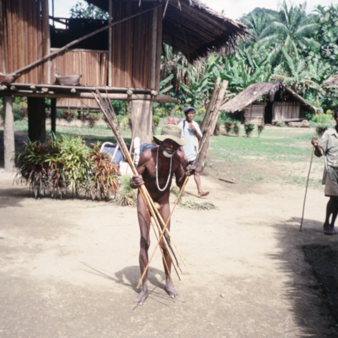 There is still some fight left in this old New Guinea warrior from the Amanab area, West Sepik Province, Papua New Guinea.  Stooped with age, brandishing the long bamboo arrows used in battle and wearing the traditional penis gourd—nothing fancy here, just a plain undecorated version the size and shape of a goose egg, circa 2001/2.