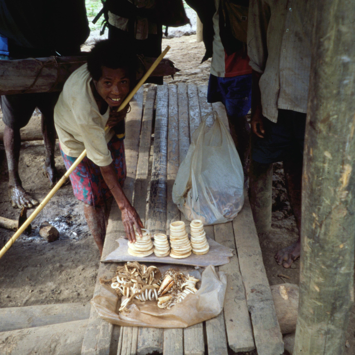 West Sepik Village Scene, Selling New Guinea Art, Clamshell Currency Rings